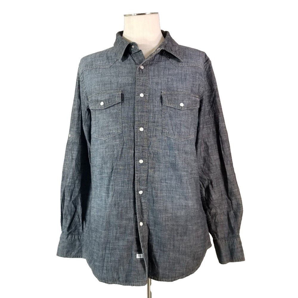 PD&C Shirt men's large blue denim chambray Pearl Snap Western long sleeve